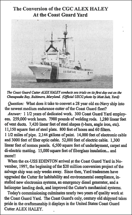 Conversion from USS EDENTON (AST-1) to US CGC ALEX HALEY ((WMEC 39)